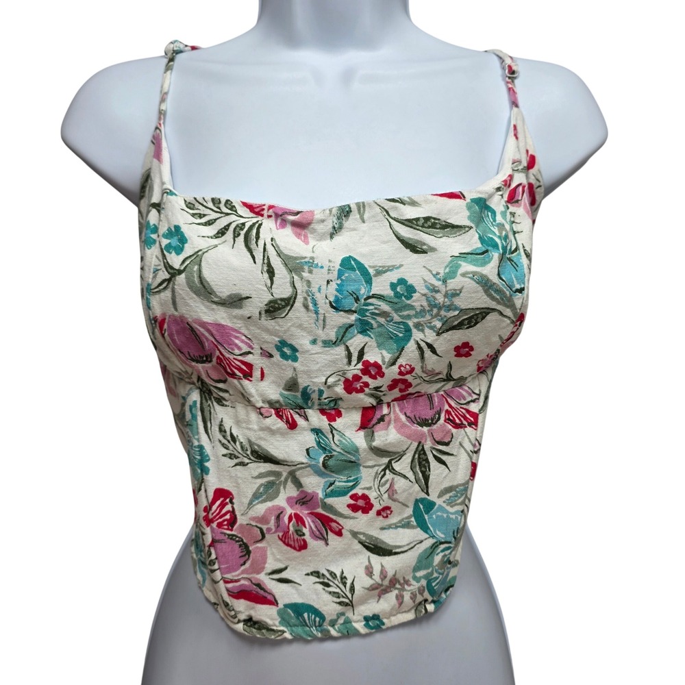 Midnight Sky Floral Corset Cami Top XL Smocked Ren Fair Ivory Pink Teal Crop